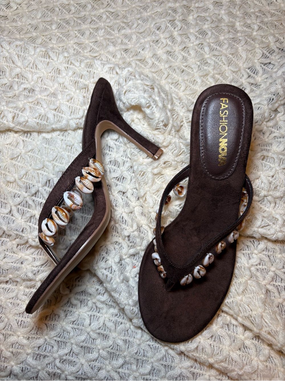 Fashion Nova Dark Brown Suede Shell-Trim Heeled Slides